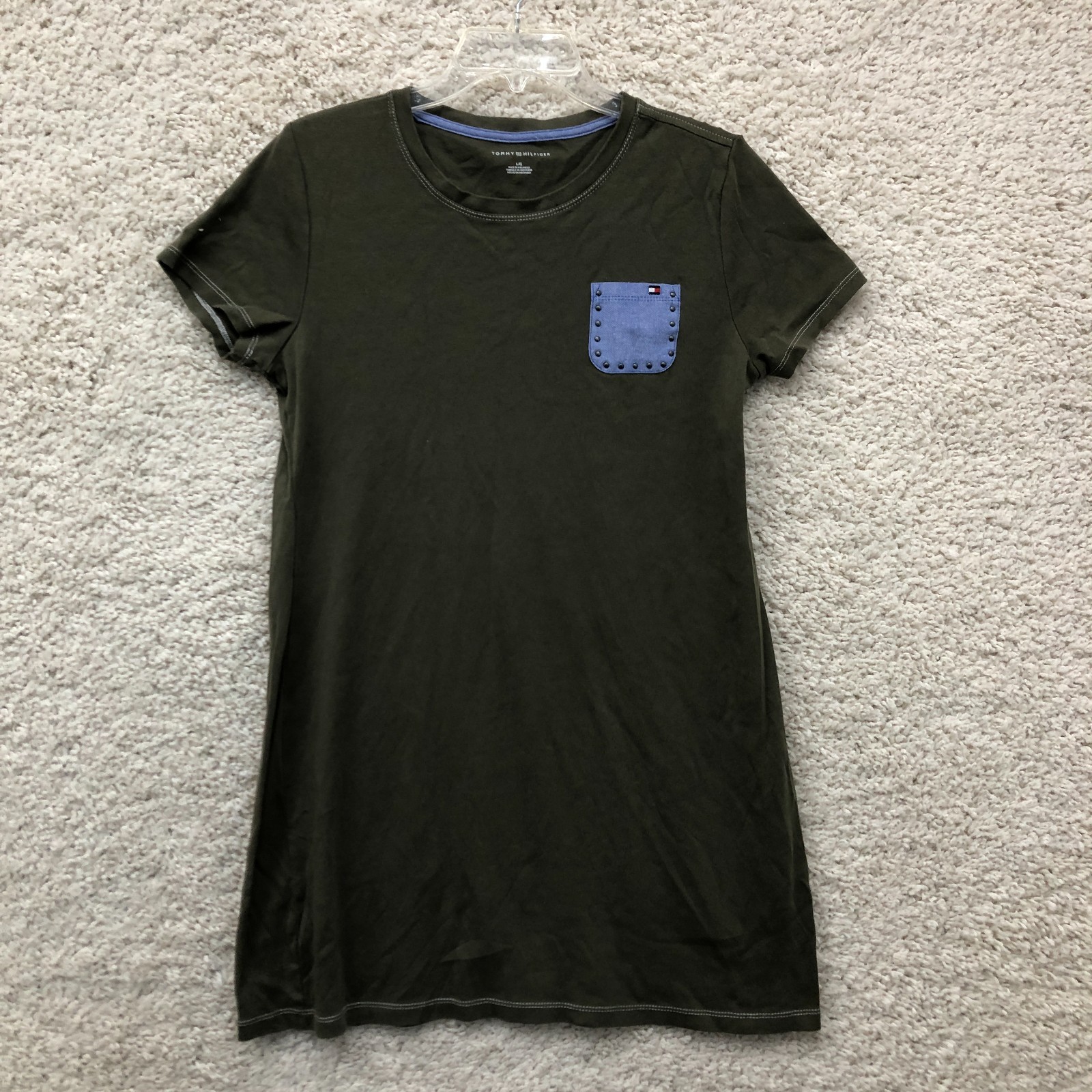 Tommy Hilfiger Dress Large Adult Green T Shirt Pocket Short Sleeve A Line Womens