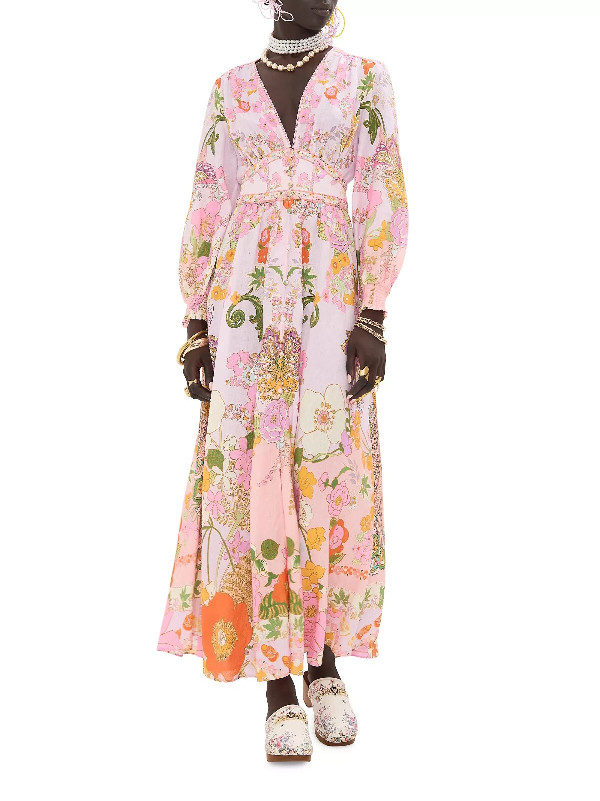 CAMILLA “Clever Clogs” Linen V-Neck Empire Waist Floral Smocked Maxi Dress, M