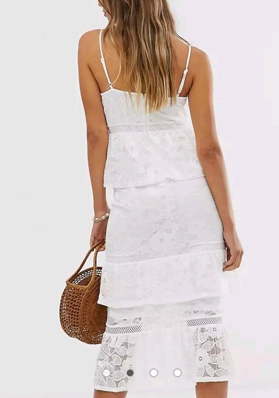 NWOT $98 VILA Videlema beautiful white XS lace tiered cami strap midi dress