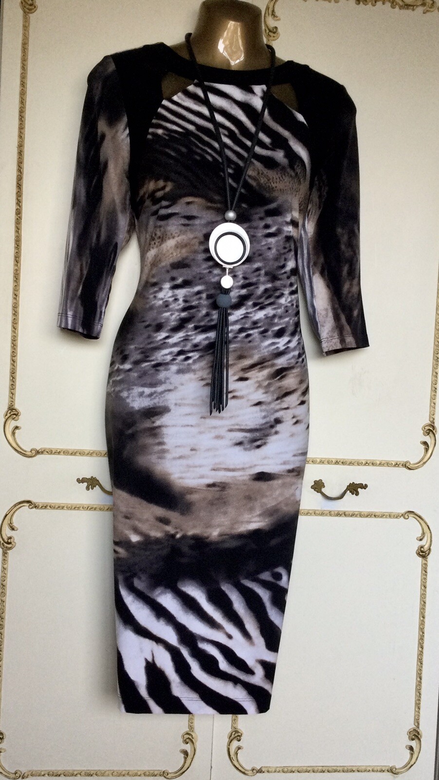 PICADILLY UK 10 Canadian Designer Black / Ivory Multi Print Dress NWT RRP £159