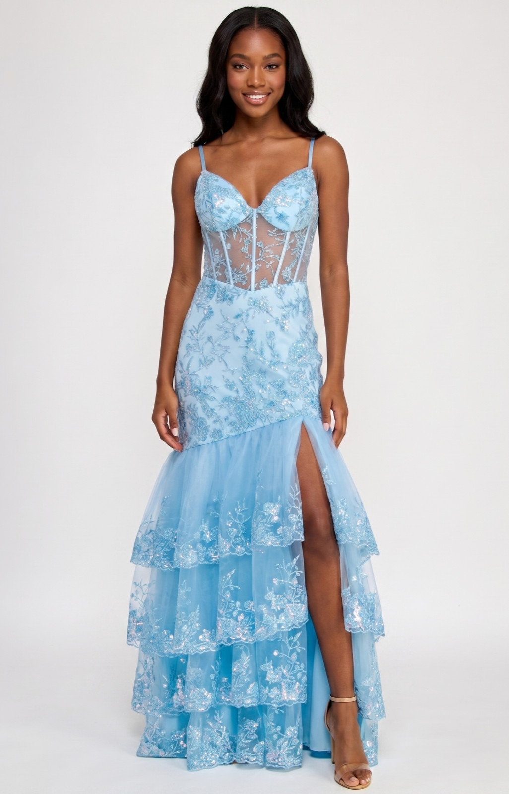 Say Yes Juniors 7/8 Blue Floral Sequin Embellished Corset Gown Ruffle Trim S/M