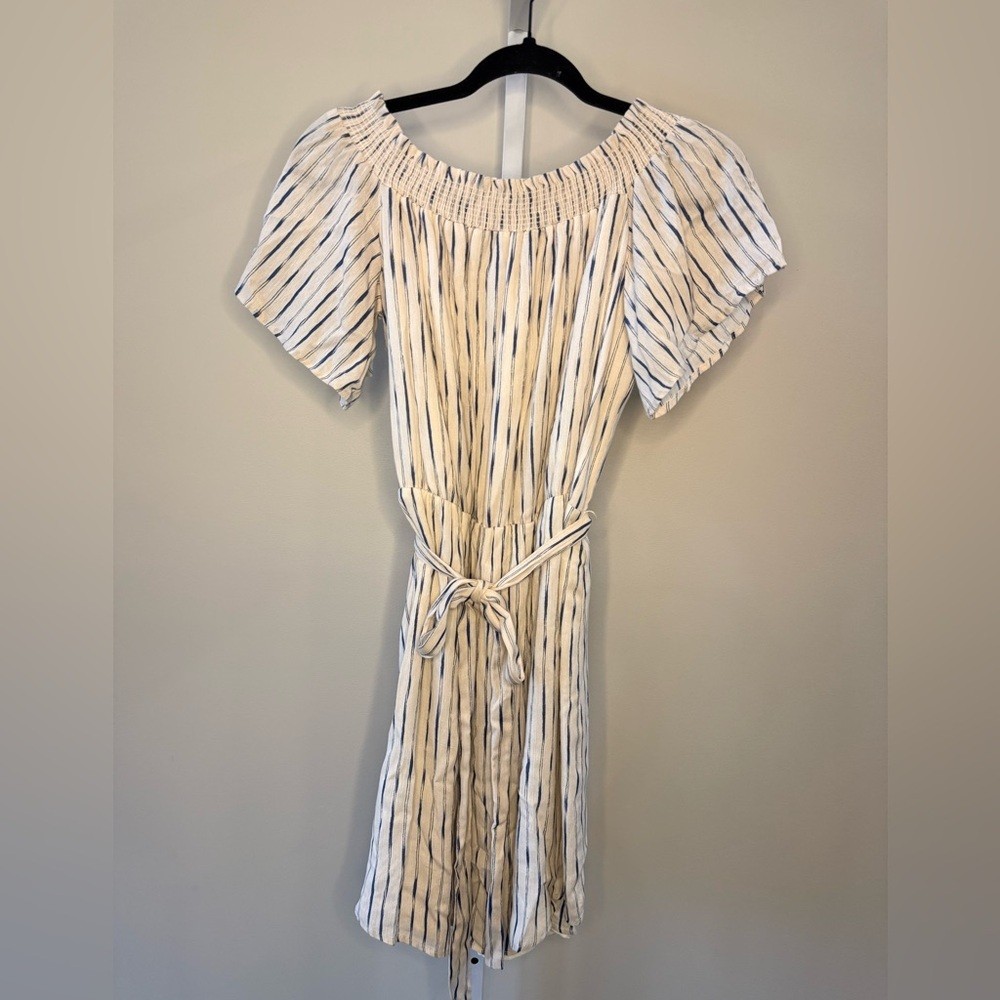 Charles Henry Cream Blue Striped Off Shoulder Midi Dress L
