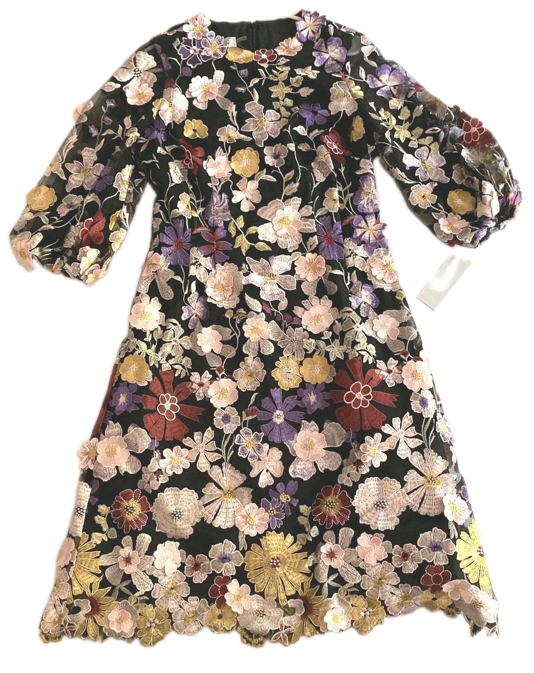 Teri Jon Dress Women 10 Floral Embroidered & Applique Puff Sleeve Cocktail NWT