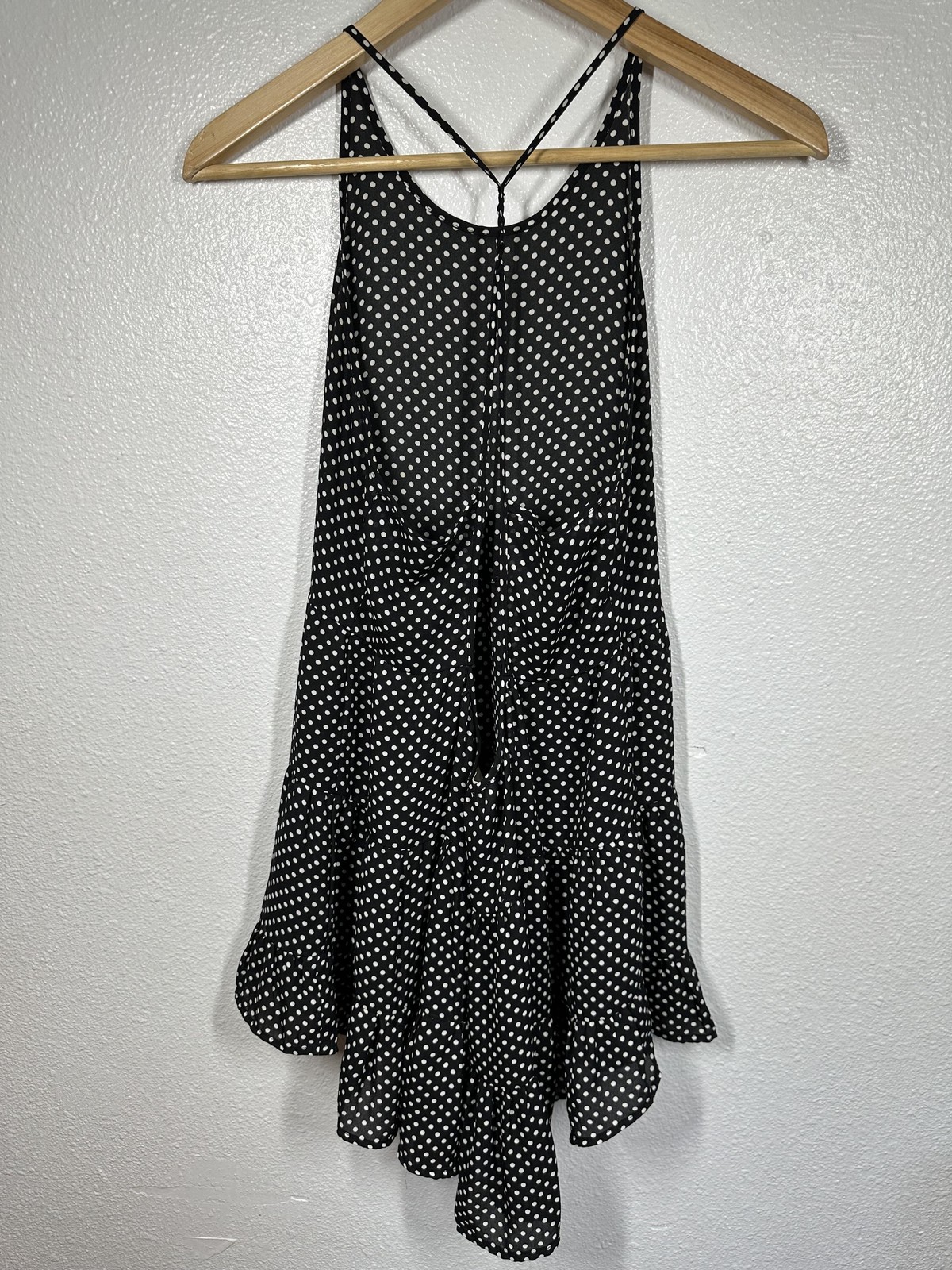 En Creme Dress Womens Medium Black White Polka Dot Tiered Ruffle Strappy Boho