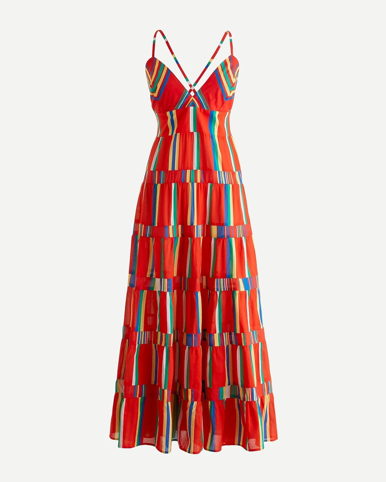 J Crew Red Multicolor Striped Tiered Cotton Maxi Dress V-Neck Boho Sundress Sz S