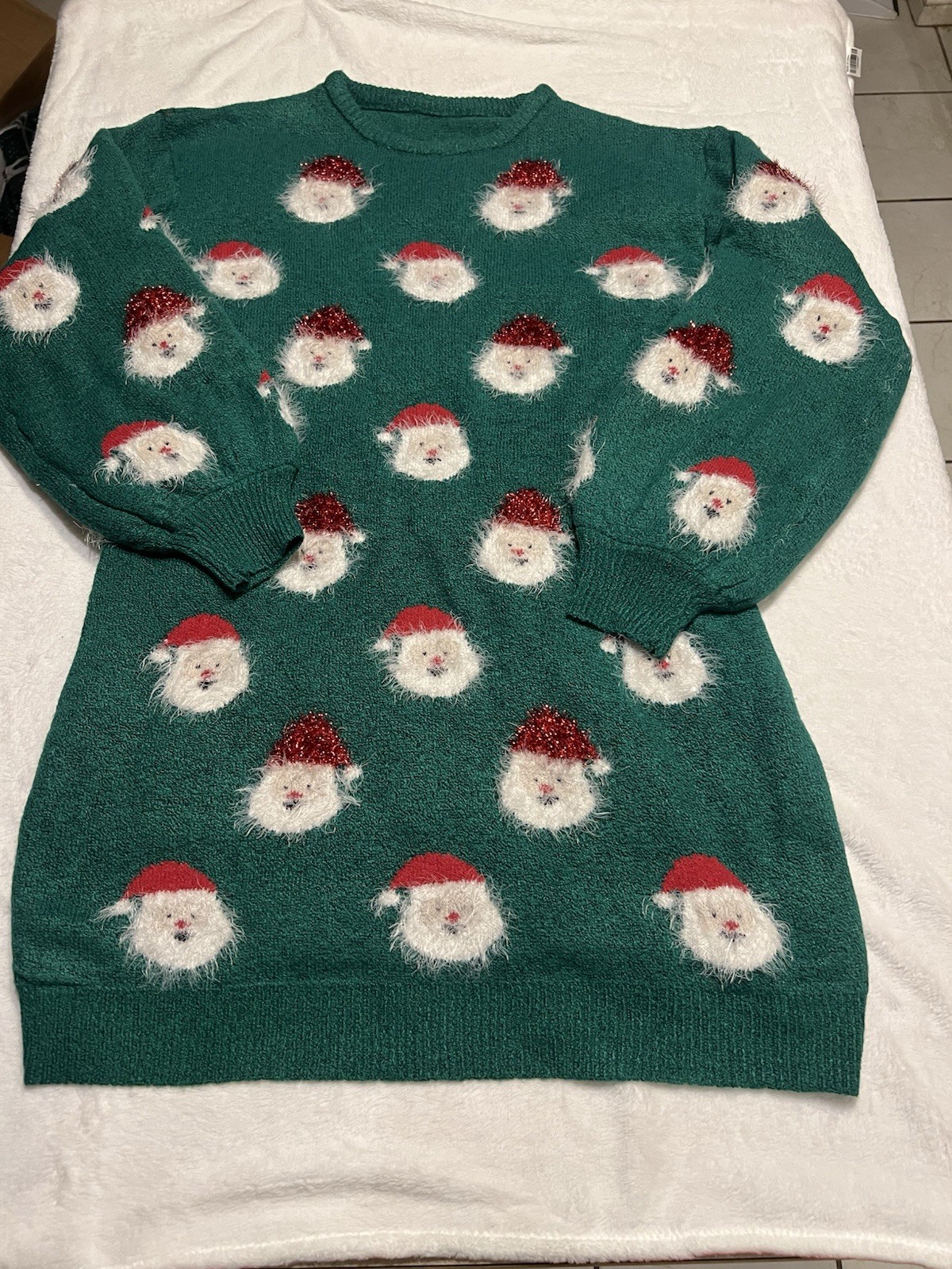 NWT Christmas Ugly Sweater Santa DRESS on Green Womens Size Large Puffy Sleeves