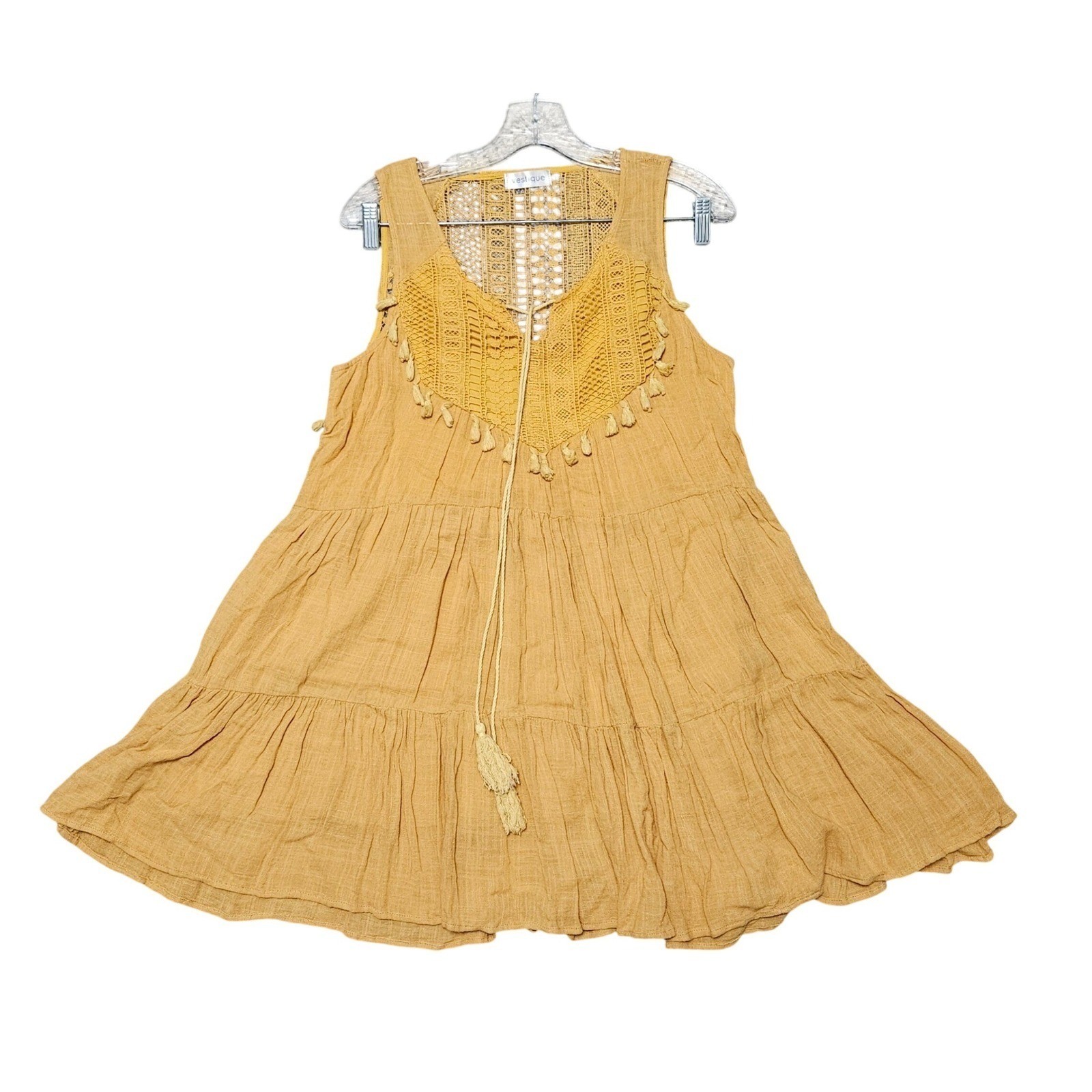 Bohemian Hippie Tiered Babydoll Vestique Dress Women Lg Mustard Crochet Tassels
