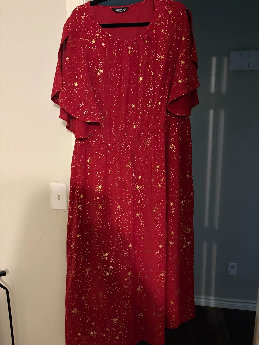 BloomChic Red and Gold Foil Star Print Flutter Sleeve Maxi Dress