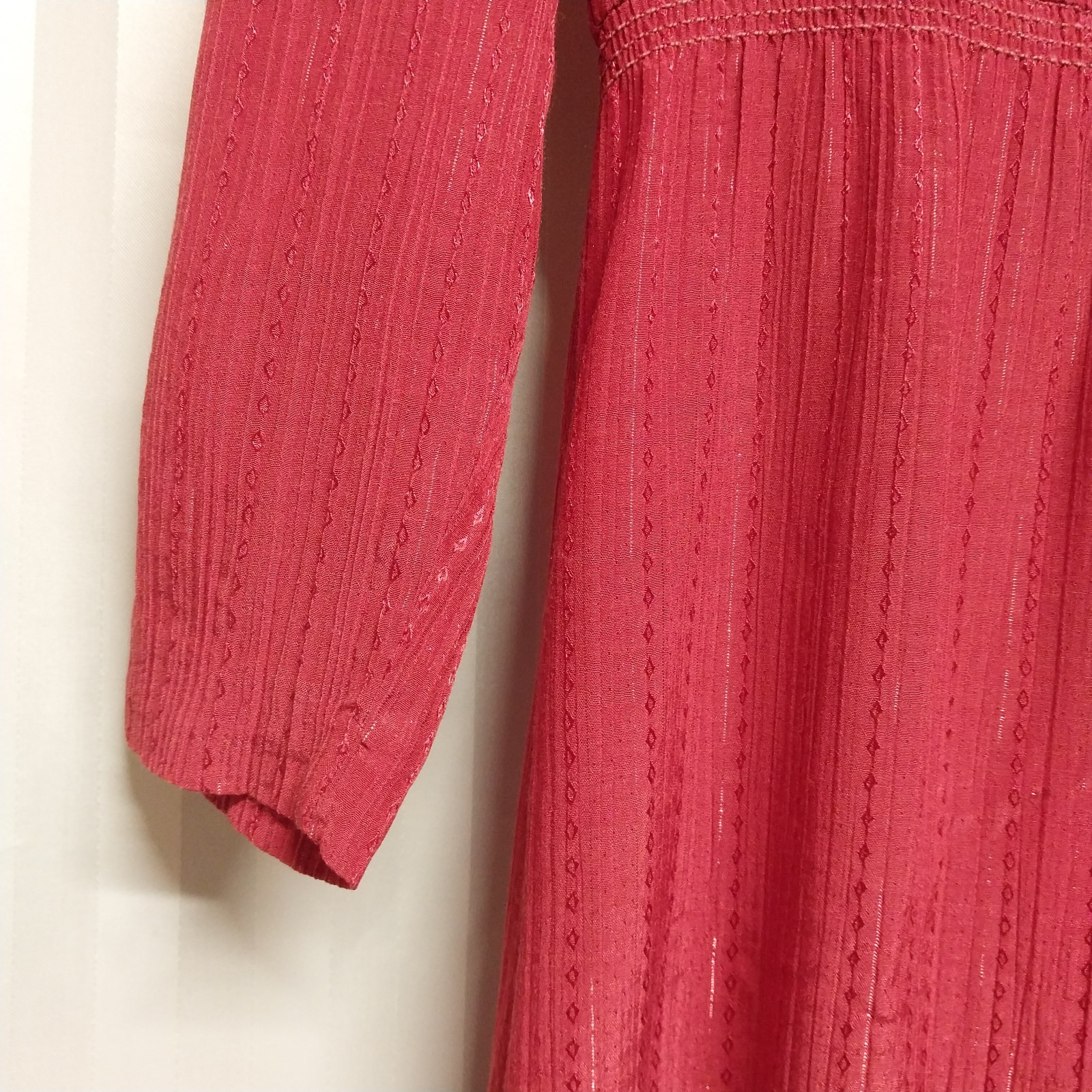 Vintage 1980s Red Plum Stripe Embroidered Midi Secretary Dress V Neck Size Small