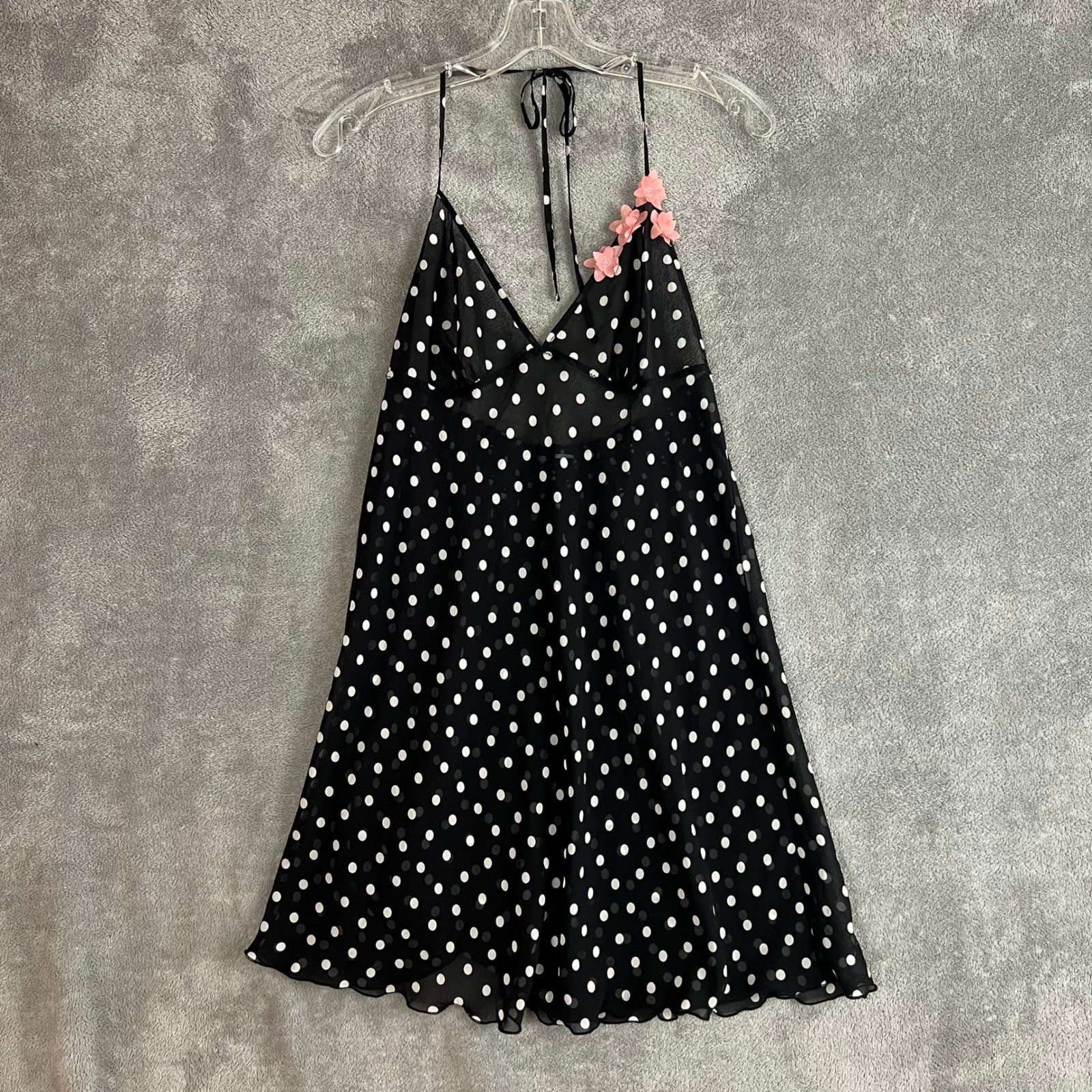 Vintage Y2K Mini Dress Womens S Black Polka Dot Flower Coquette