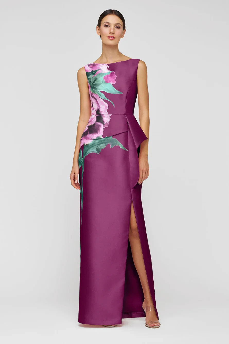 Kay Unger Mulberry Purple Luciana Placed Floral Mikado Column Gown Size 8 $358