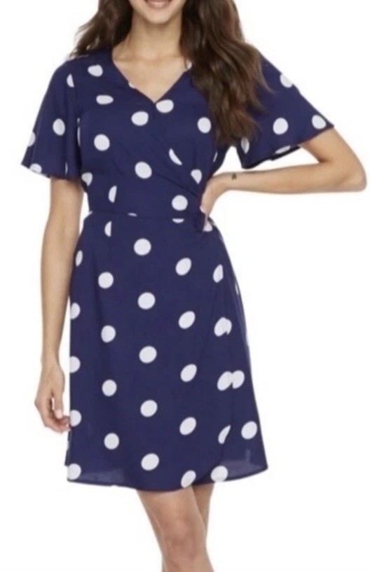 Payton Parker Navy Blue S Wrap Dress Tie Short Sleeve V Neck Mini Dot