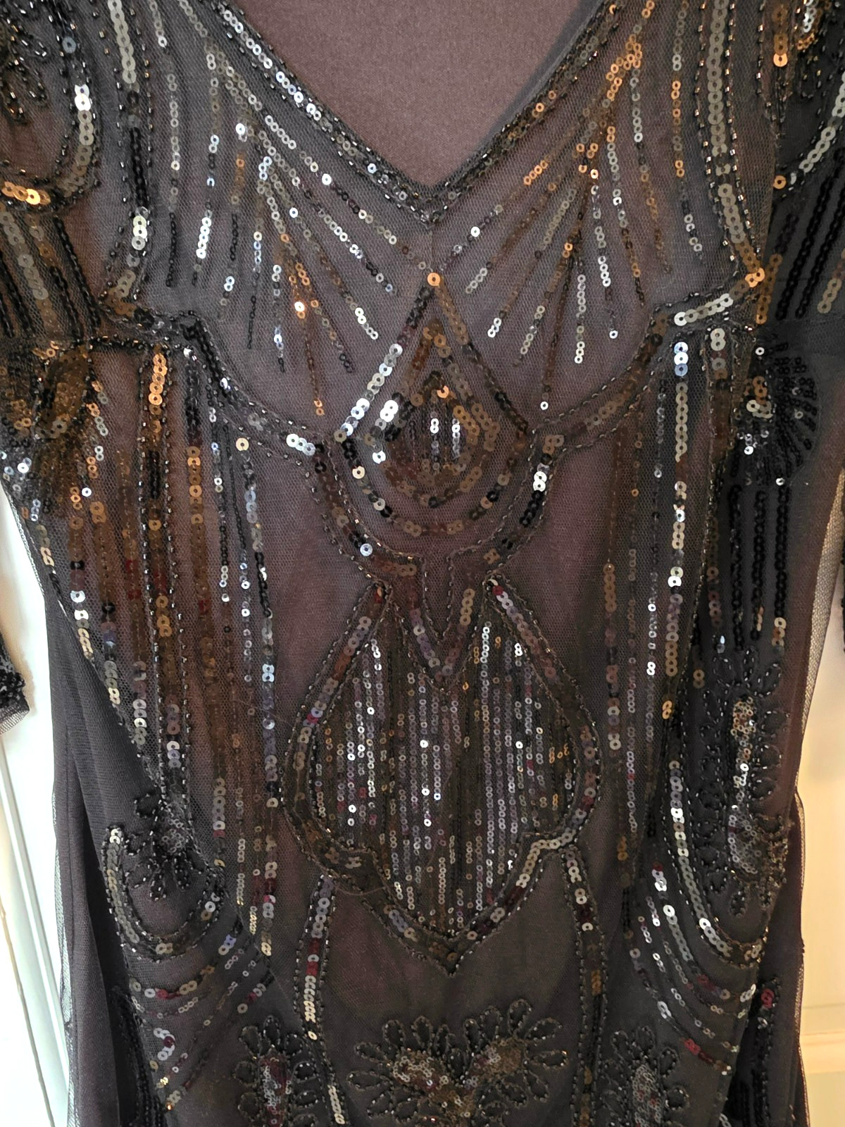 Unique Vintage L 10-12 Black Sequin Beaded Fringe Flapper Dress with Headband