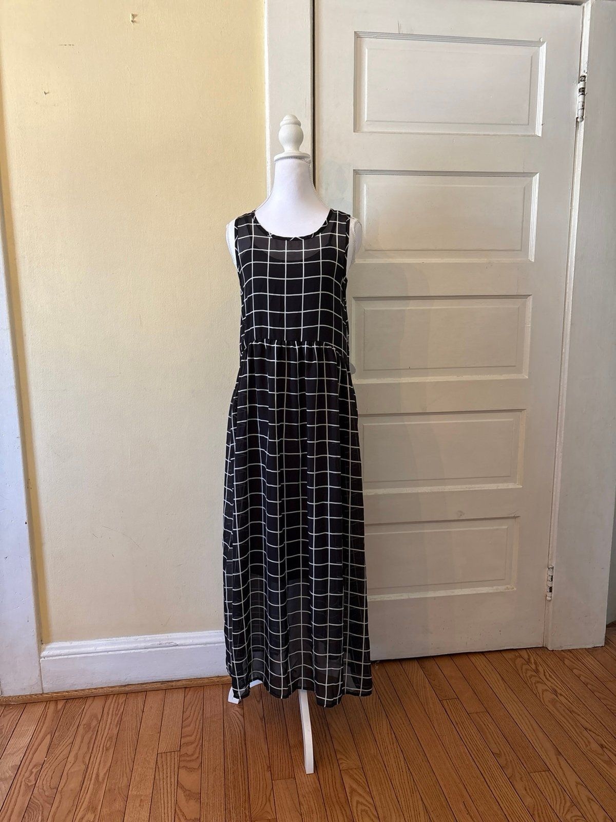 Women’s dress maxi midi black white windowpane slip wedding stripes chiffon nwt