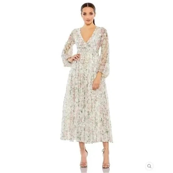 Mac Duggal Ivory Embellished Floral Print Faux Wrap A Line Dress Size 4 $498