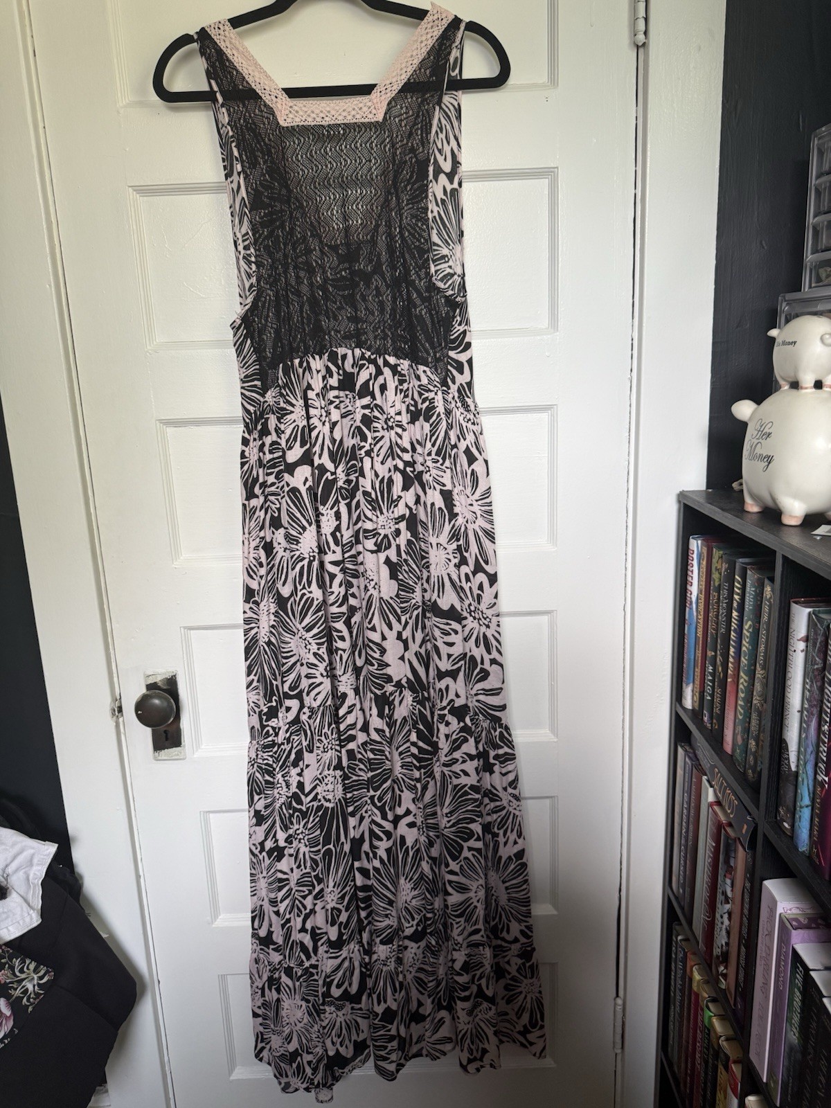 Free People “Tiers For You” Boho Maxi Dress w/Floral Print & Crochet Trim M