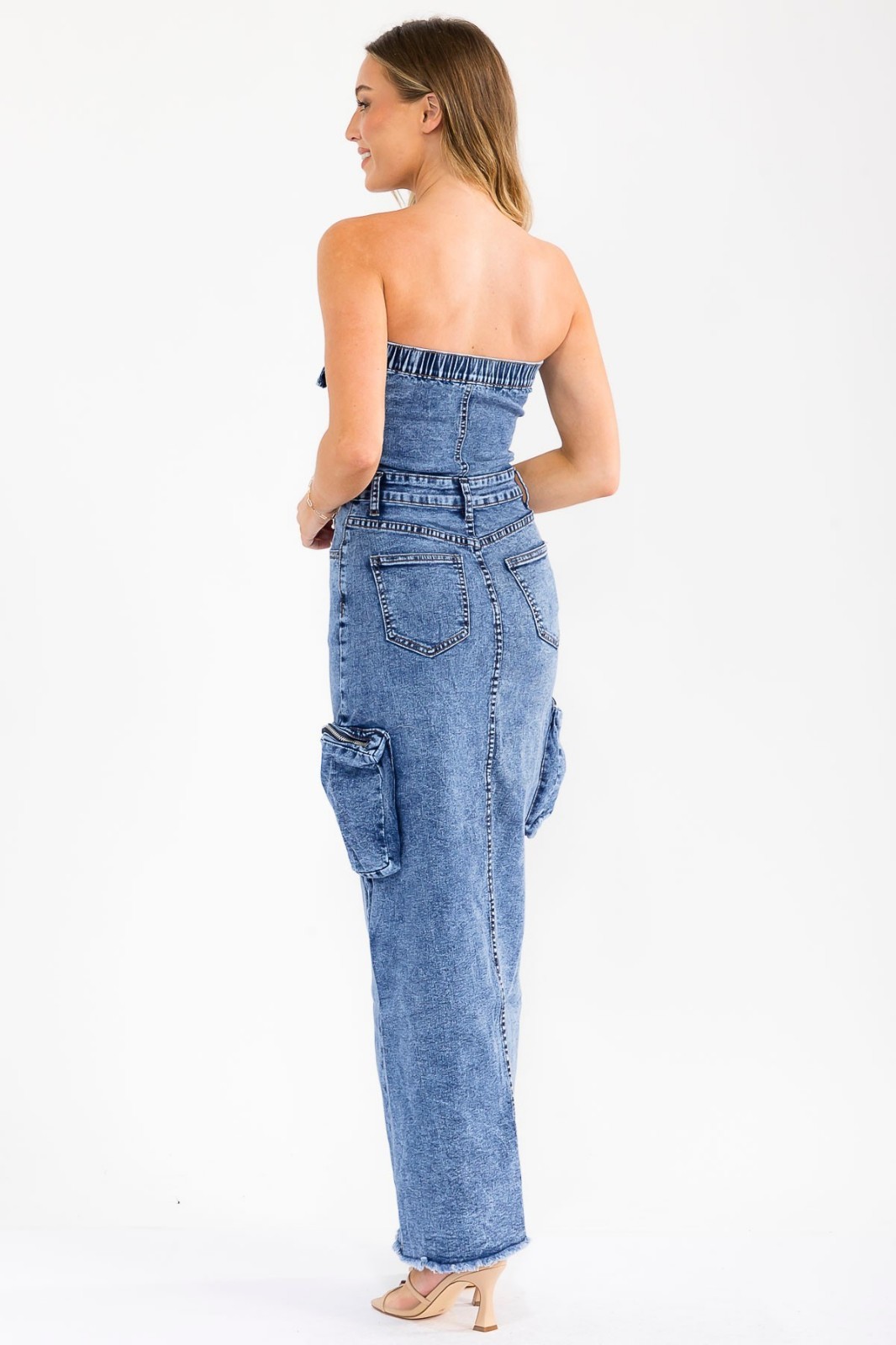 Denim Stretch Maxi Split Dress Cargo Pockets 2026 Trend SMALL MEDIUM LARGE NWT