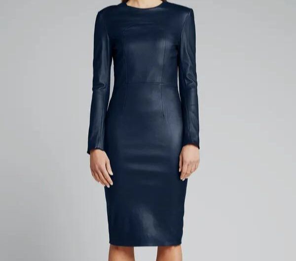 $2795 Sergio Hudson Women’s Blue Leather Round Neck Sheath Dress Size 14