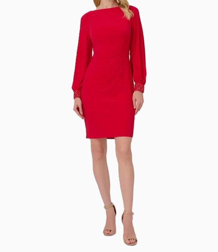 Adrianna Papell Beaded Cuff Jersey Cocktail Dress Womens Plus 14W Hot Ruby NWT