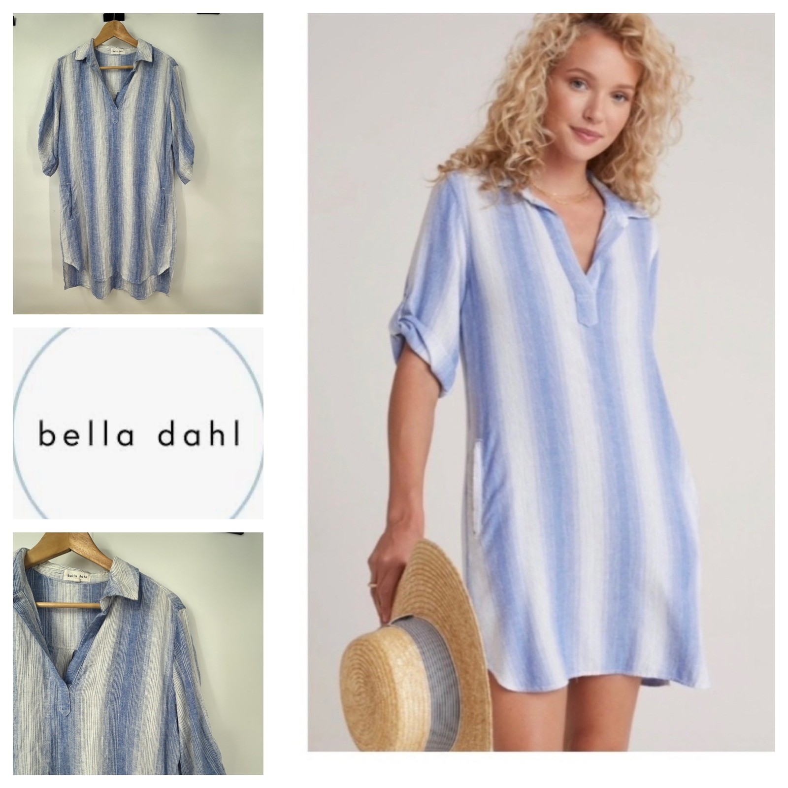 Bella Dahl Womens Blue White Striped Linen Blend Roll Tab Shirt Dress B6582 M