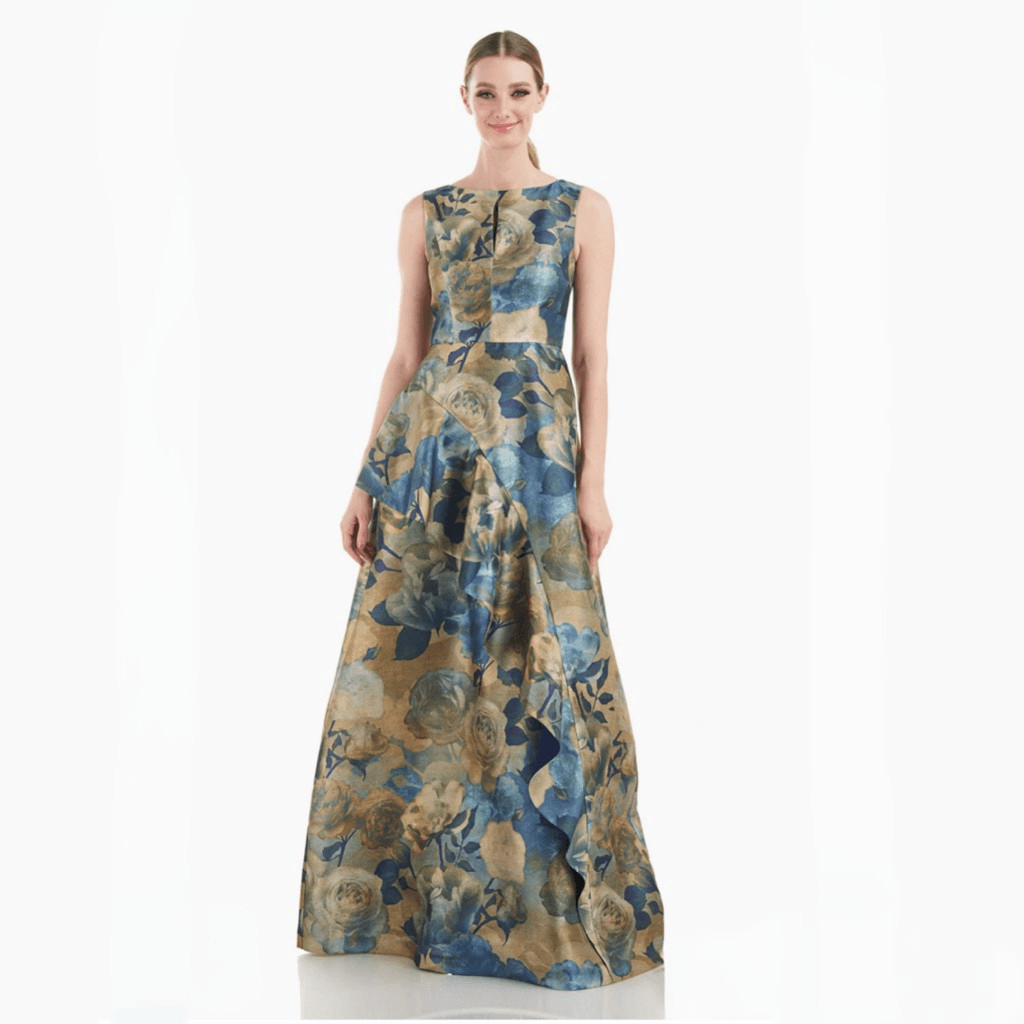 Kay Unger Gold and Blue Selene Gown Dress Sz 10