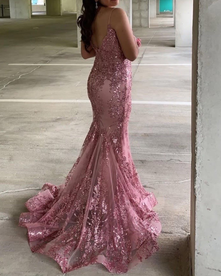Women’s Pink Sequin Mermaid Gown V-Neck Spaghetti Strap Corset Long Dress S