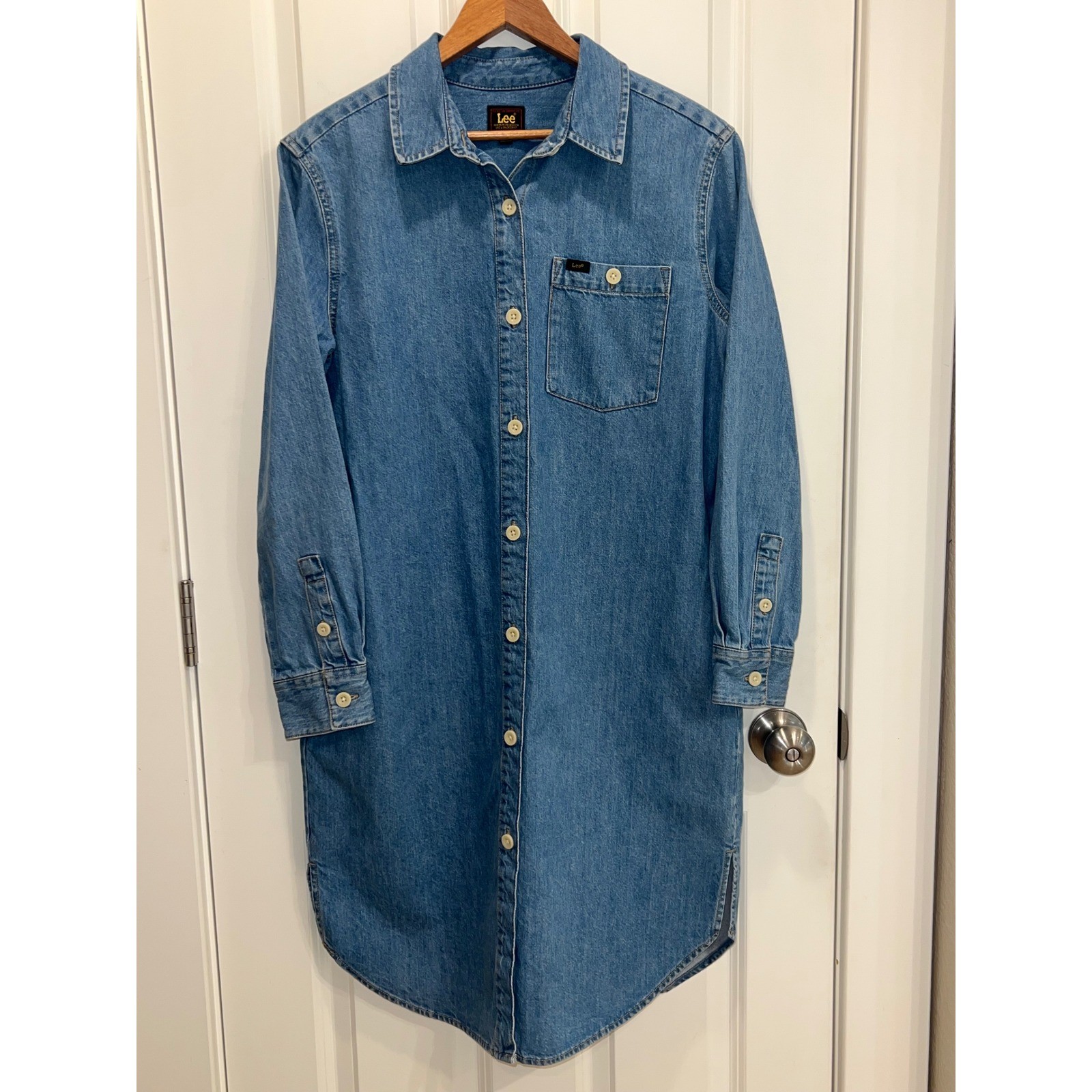 Lee Womens Medium Wash Denim Long Sleeve Button Front Shirt Dress Size M