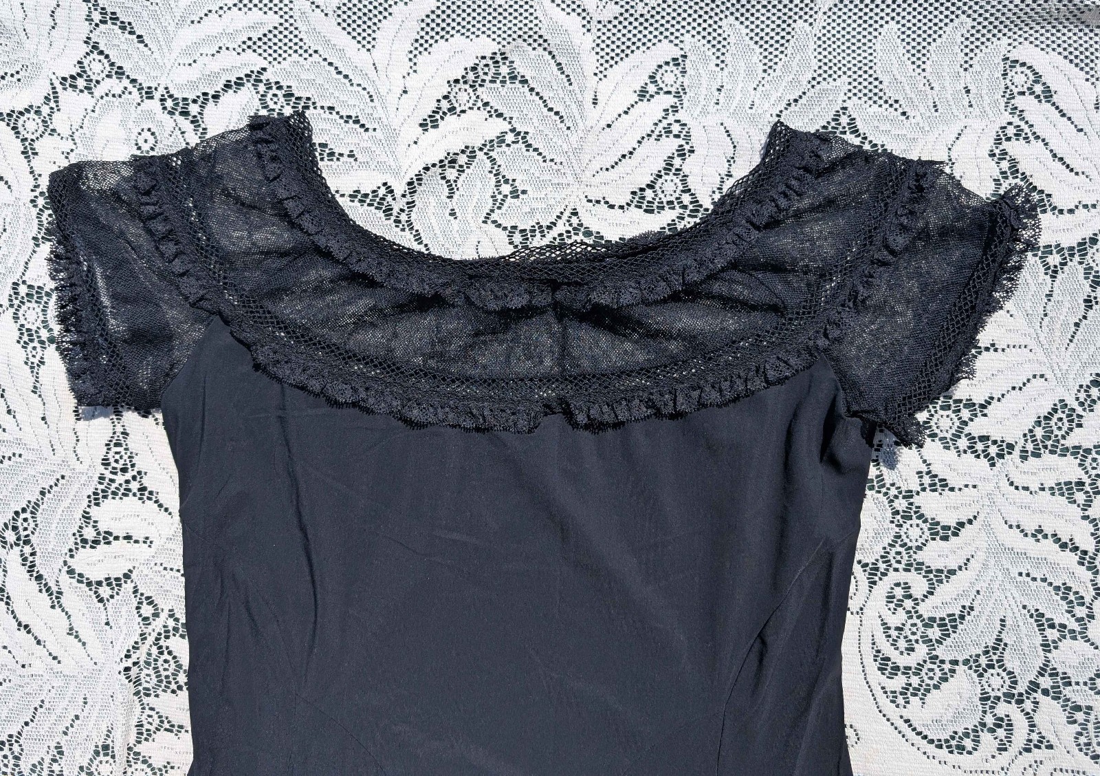 Indies Elegant Gothic Retro Sexy Little Black Lace Net Ruffle Stretch Slip Dress