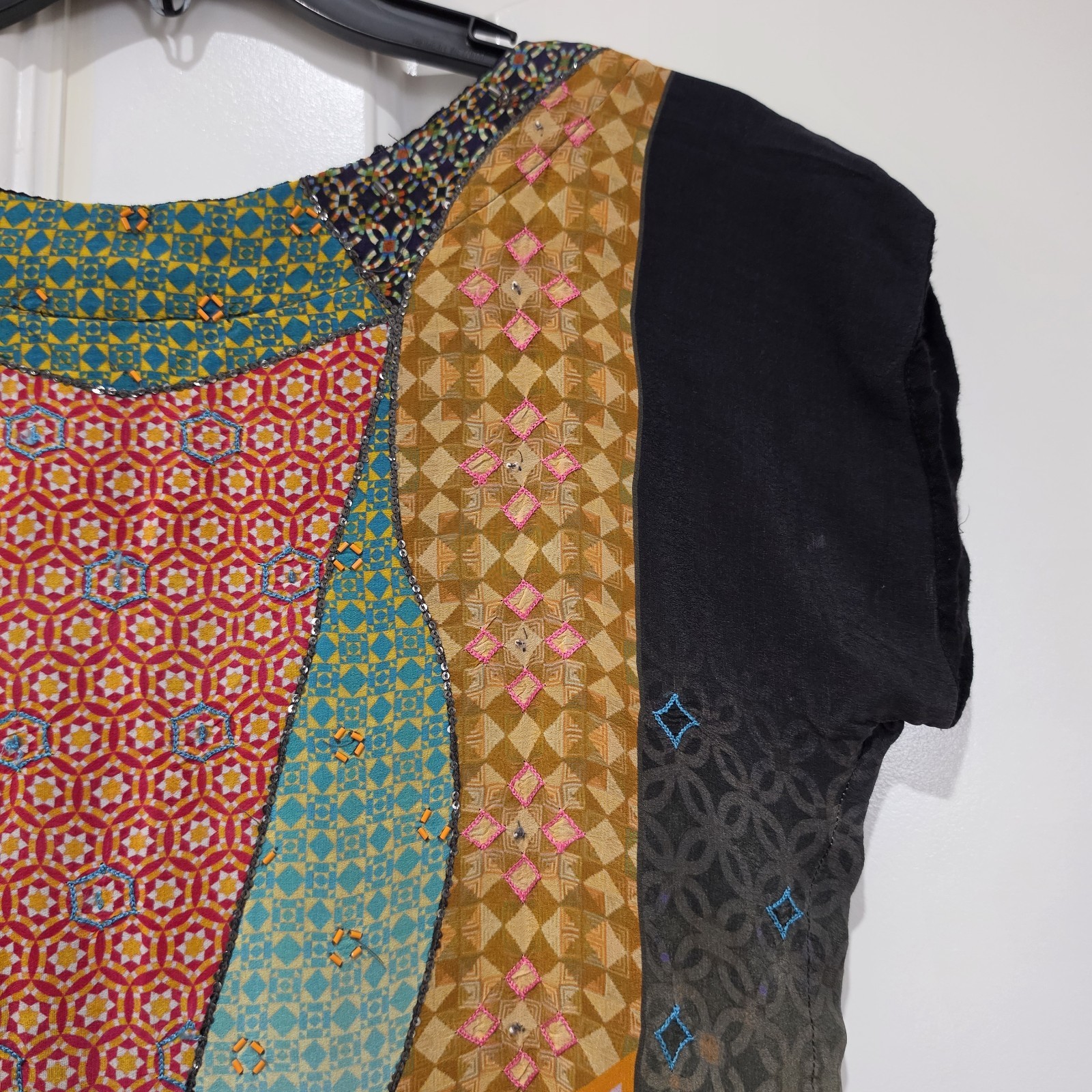 Anthropologie Tanvi Kedia Avizeh Black Motif Patchwork Boho Beaded Dress XS