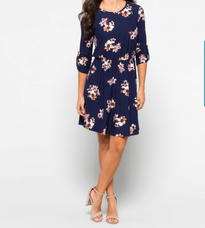 French Grey Navy Floral Dress Size Large – 3/4 Sleeve with Button Detail L