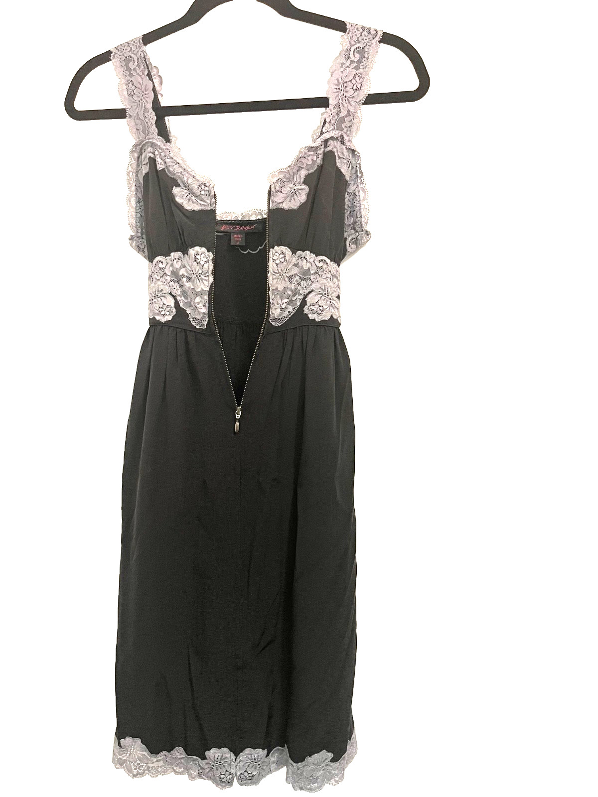 Betsey Johnson Vintage Size 2 Silk And Lace Tie Back Zip Front Dress Black Grey