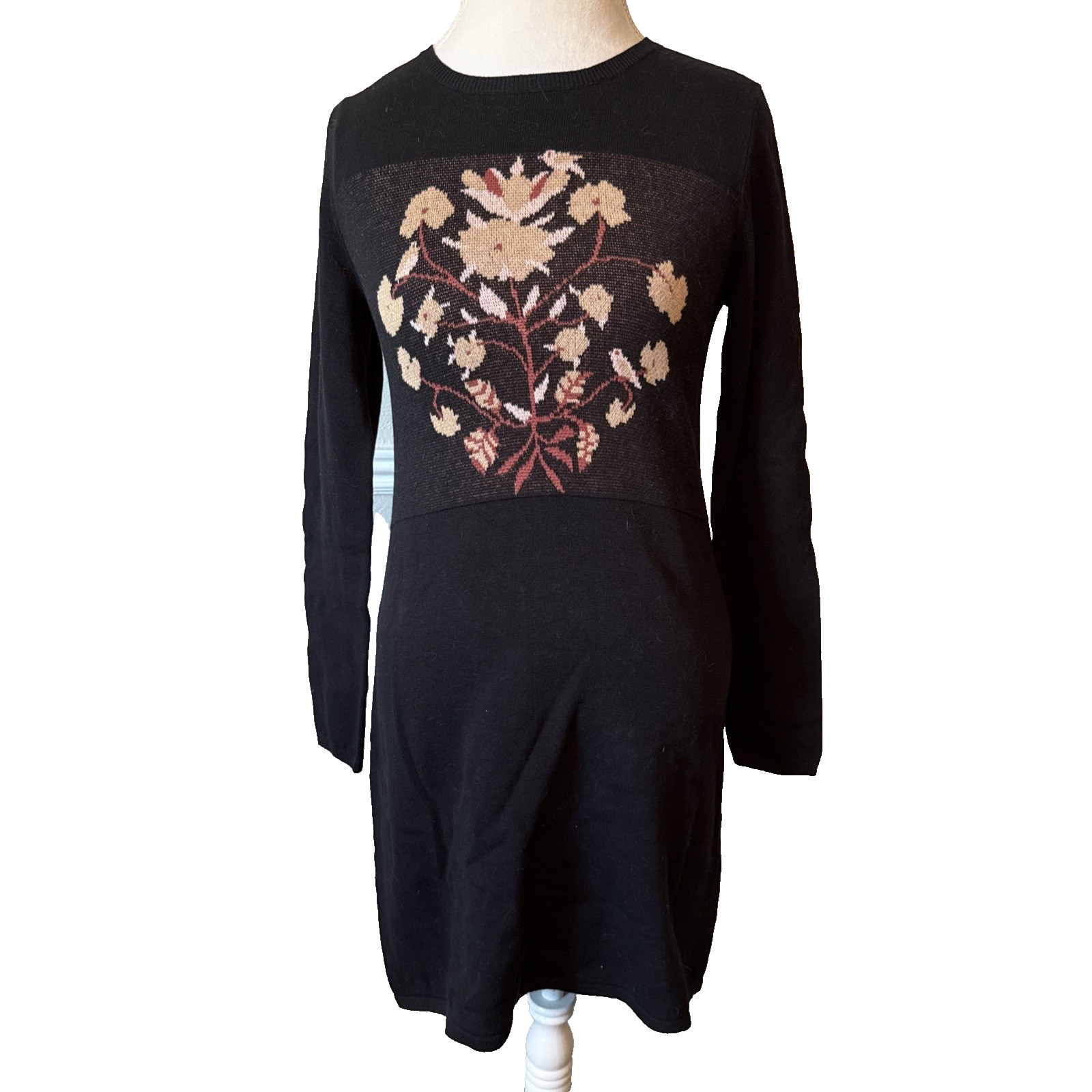 Love Dove by Grace Sweater Dress Xs Floral Print Long Sleeve Knit Black Tan Pink