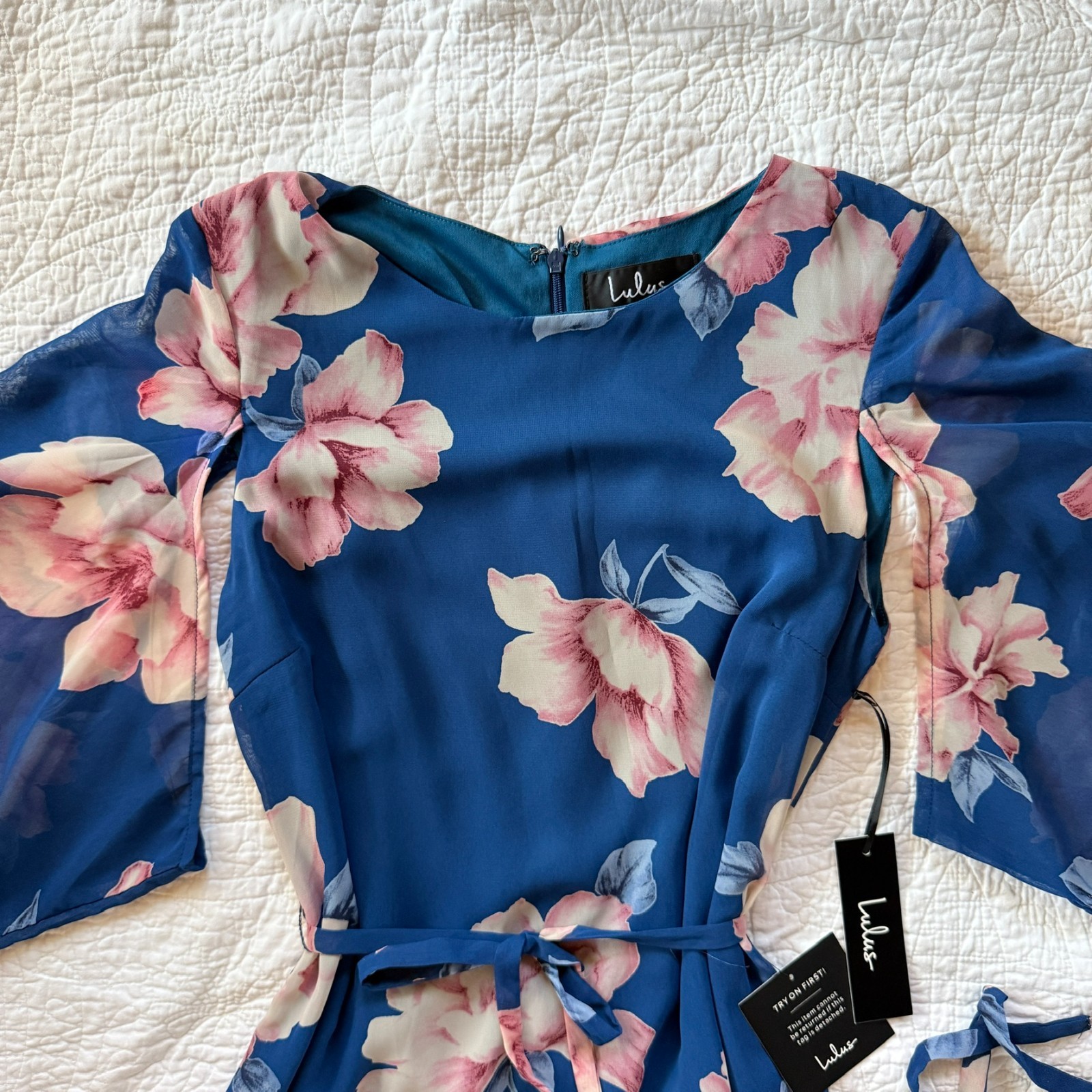NWT Lulus Joyful Noise Denim Blue Floral Print Mini Dress Blue Chiffon Size S