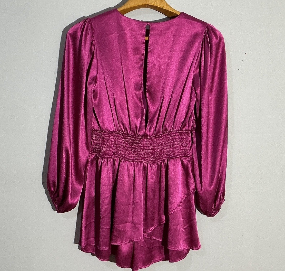 Storia Satin Layered Tier Romper in Fuchsia, Size M