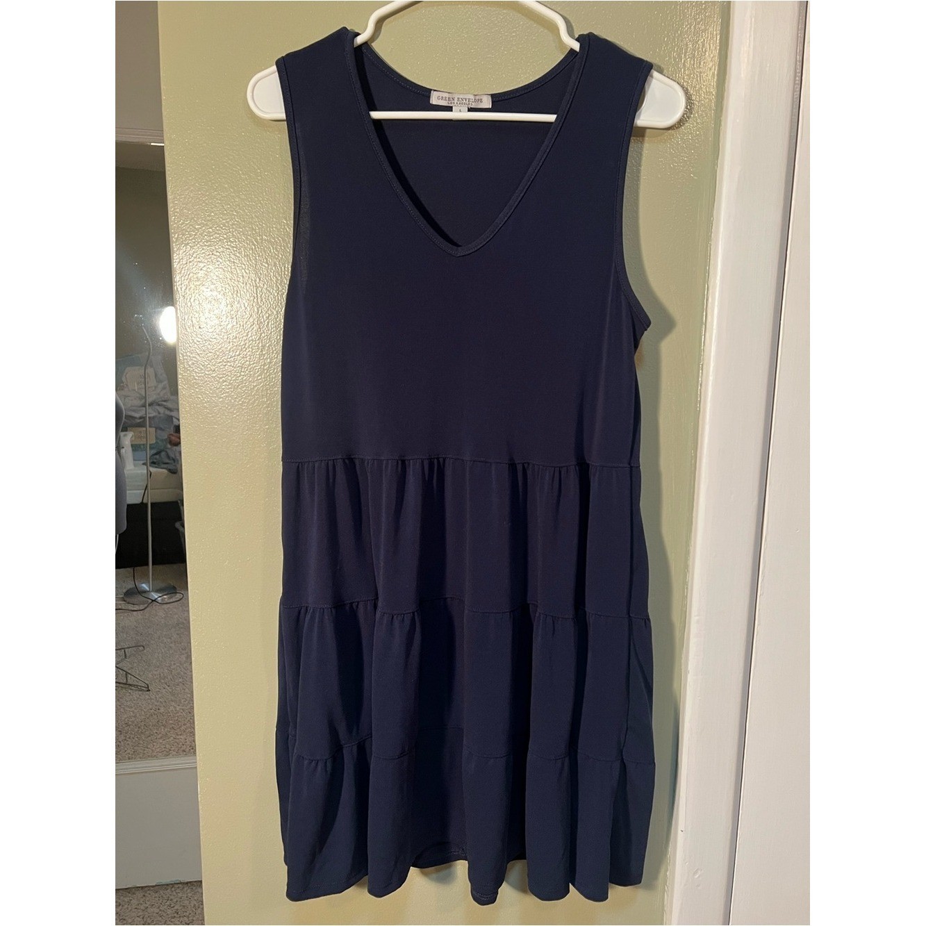 Green Envelope Womens Size Large Sleeveless Dress Navy Blue V-Neck Tiered A-Line