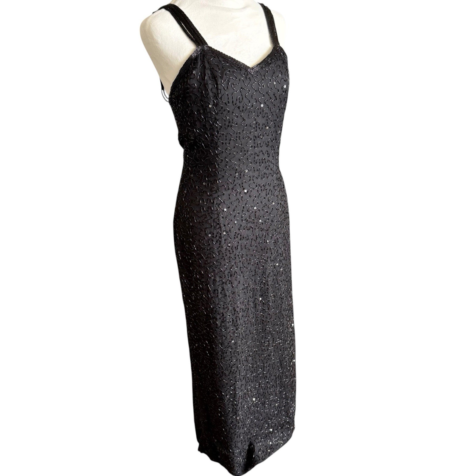 Vintage Scala 100% Silk Black Beaded Evening Gown Strappy Tank Bodycon Dress M