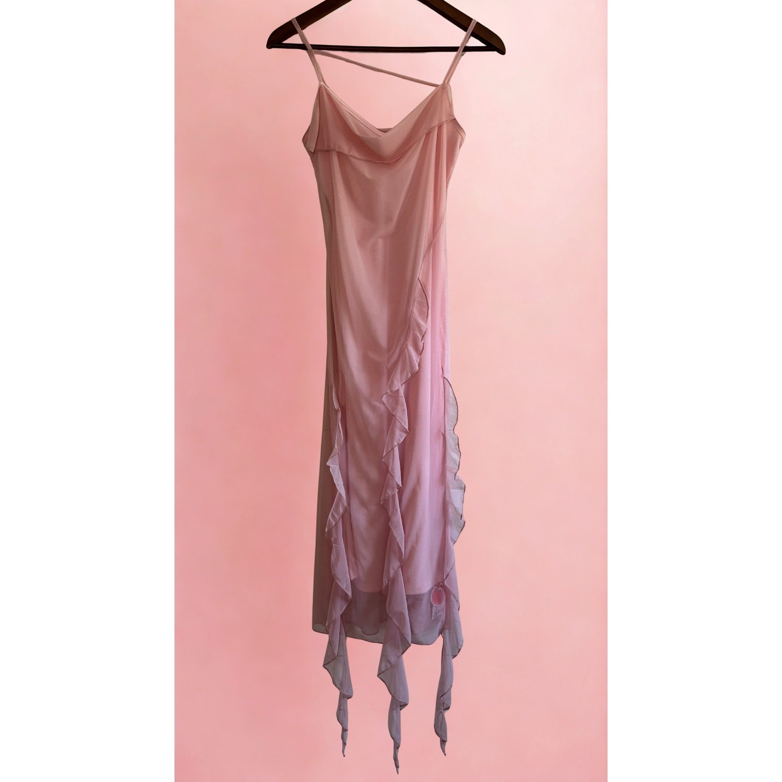 Women’s Pink Mesh Ruffle Hem Ruched Fitted Midi Dress by Cider | XS | Y2K Vibes