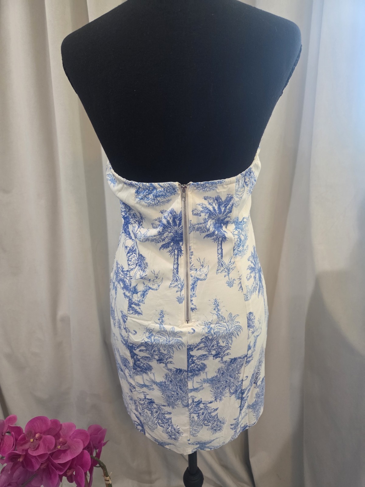 Iris White/Blue Toile Square Neck Strappy Halter Sleeveless Mini Dress M