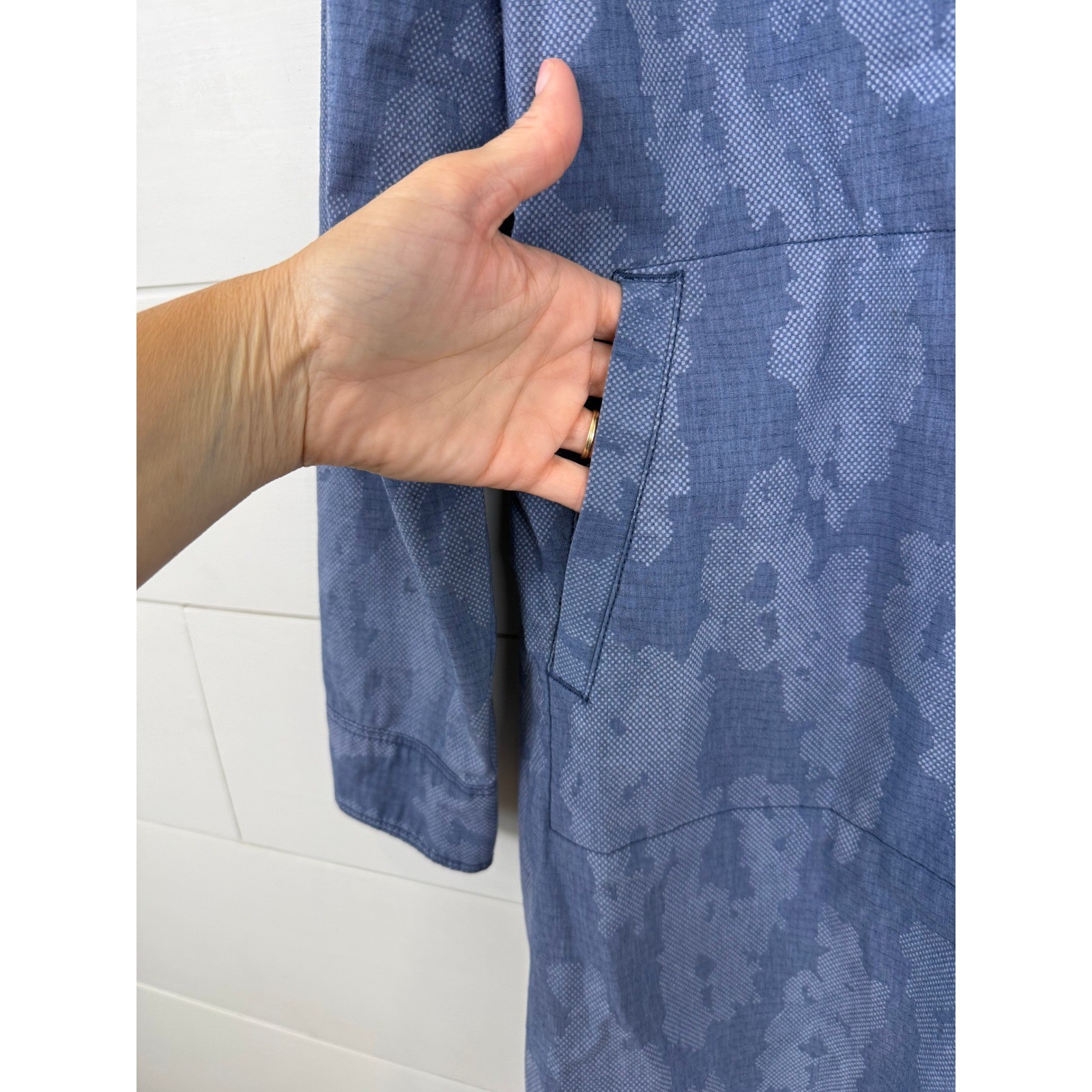 Title Nine WREN Pullover Camo MINI Dress Women L Blue Utility SHIRT DRESS MIKU