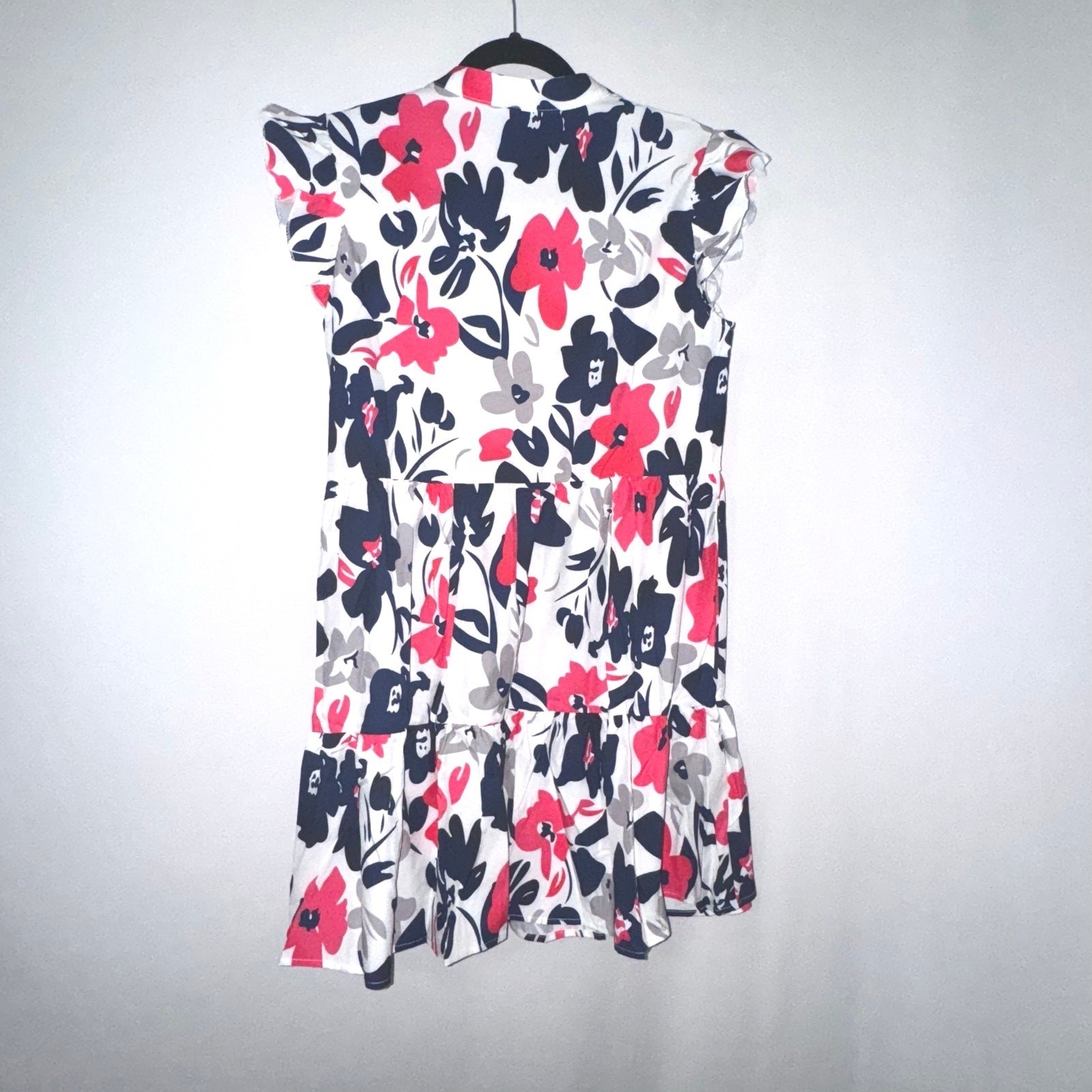 Womens Floral Print V-Neck Tiered Ruffle Mini Dress Navy Pink White Size M