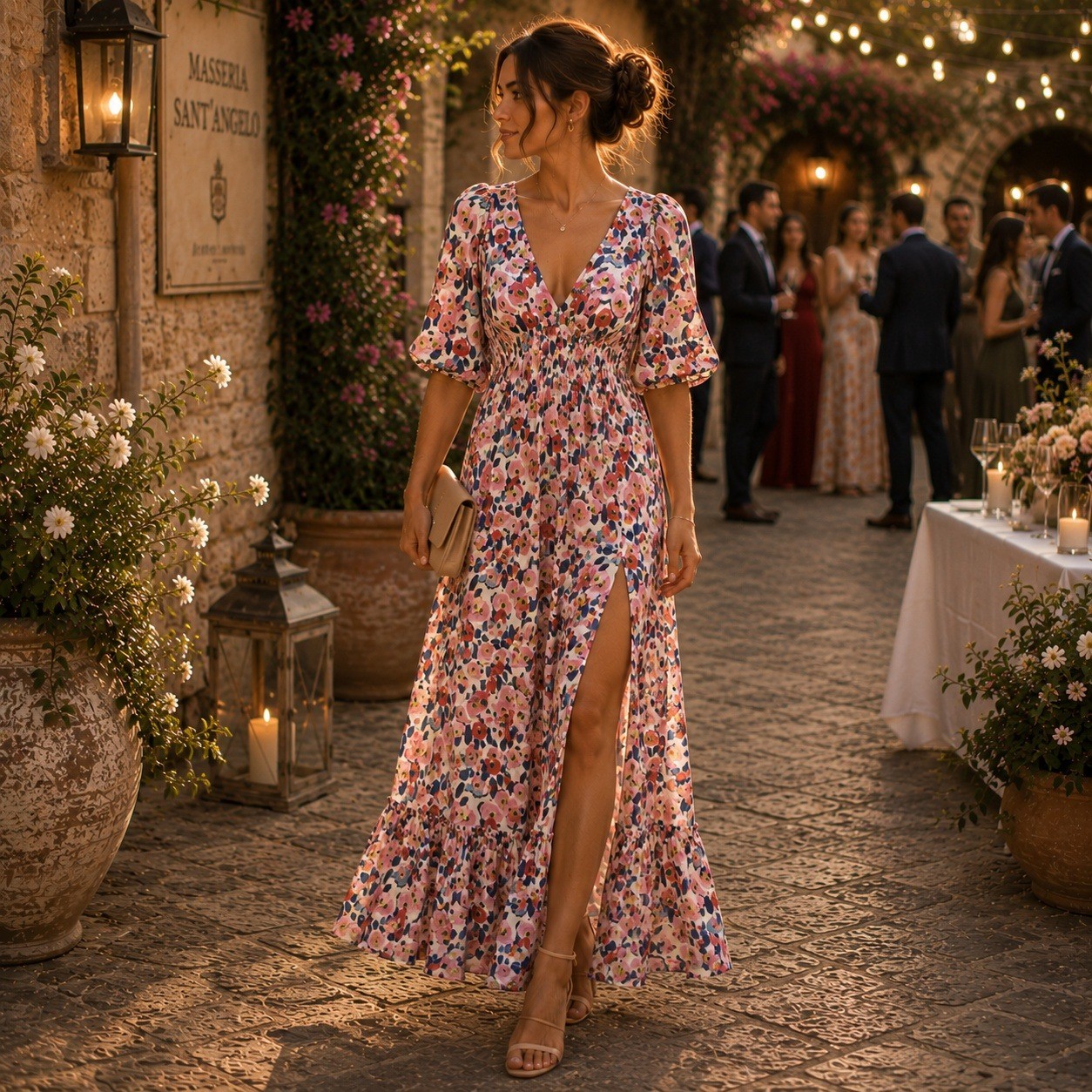 NWT For Love & Lemons Gianna Pink Blue Floral Puff Sleeve High Low Midi Dress S