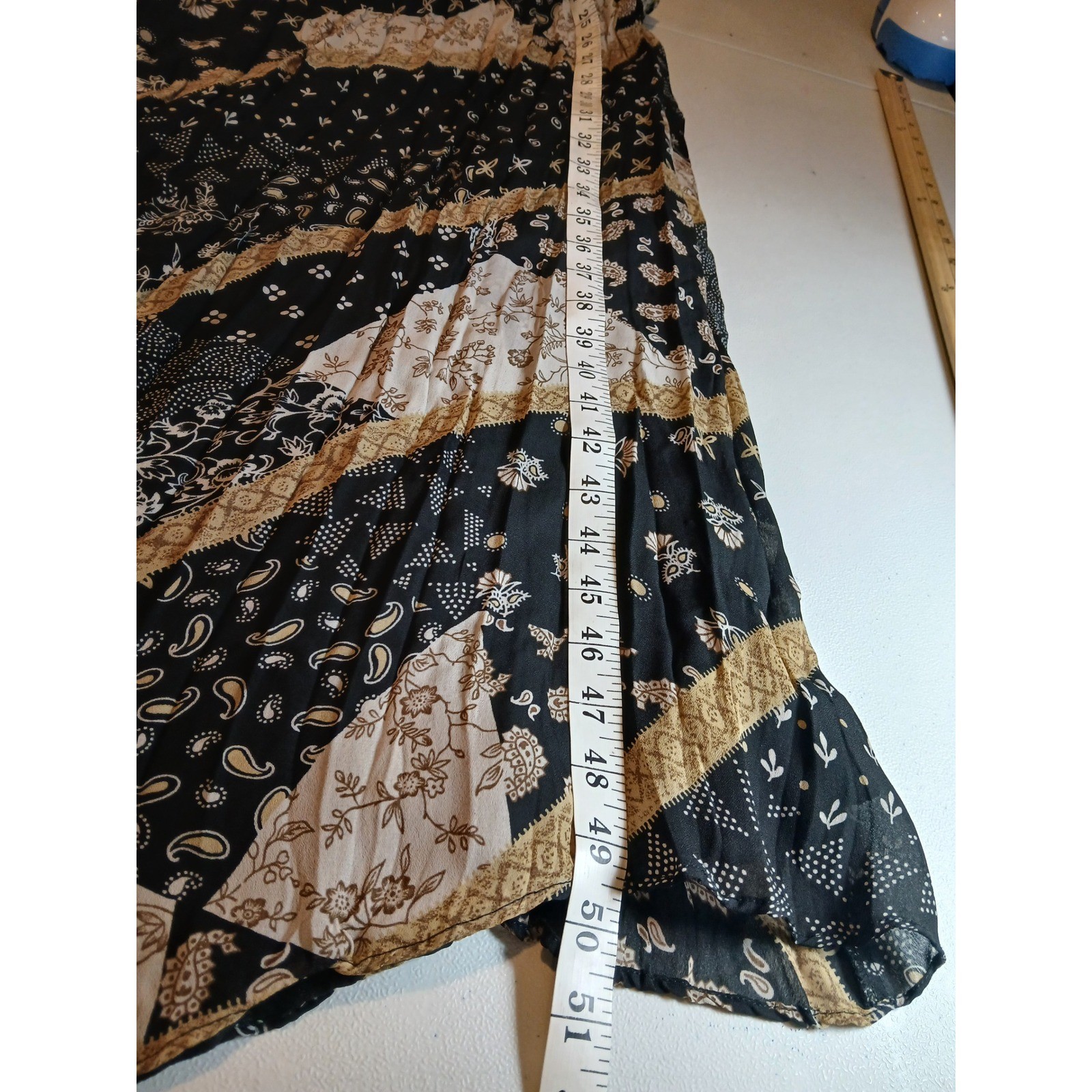 VTG XL Sleeveless Crinkle Patchwork Maxi Dress Black Tan Paisley Floral Boho