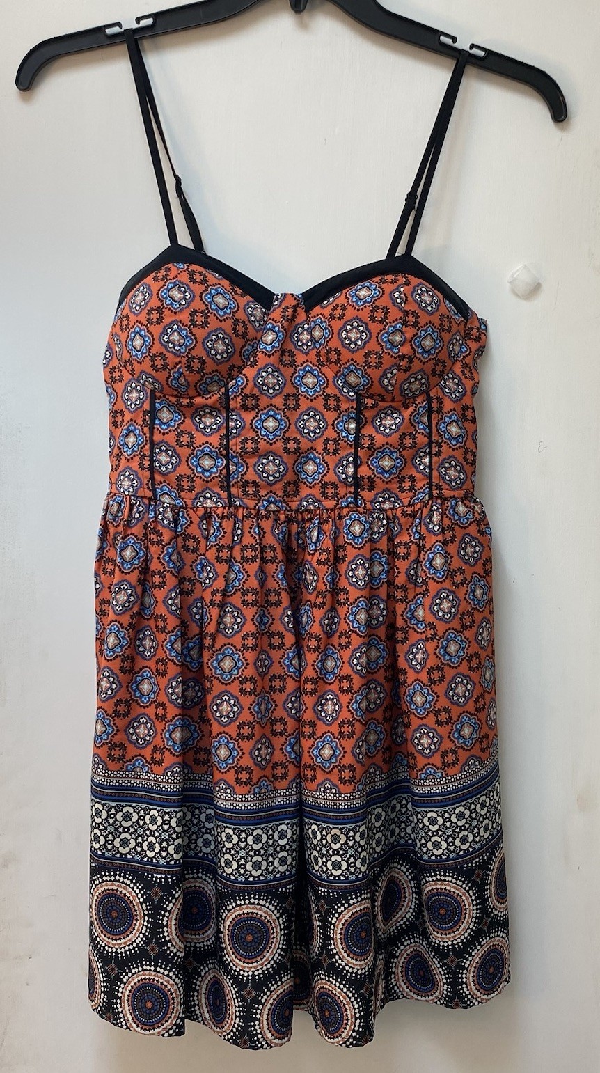 Band of Gypsies Women’s Sz M Sundress Built In Bra Orange Blue Black White Print