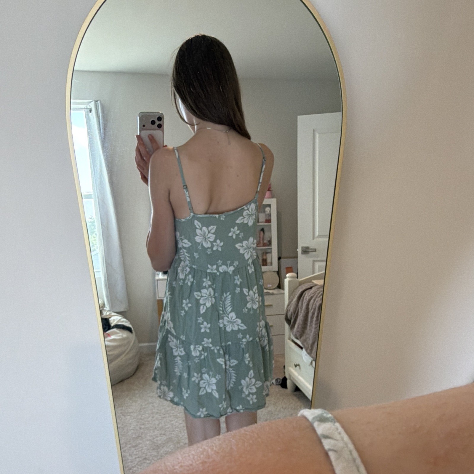 Green White Floral Tiered Sundress Square Neck Adjustable Straps Women’s XS