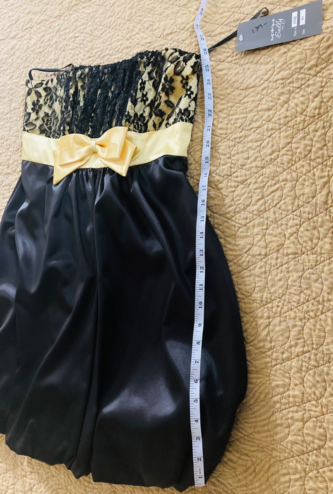 Sally USA NWT Medium HOCO Dress Black with Yellow Bow and Lace Accent