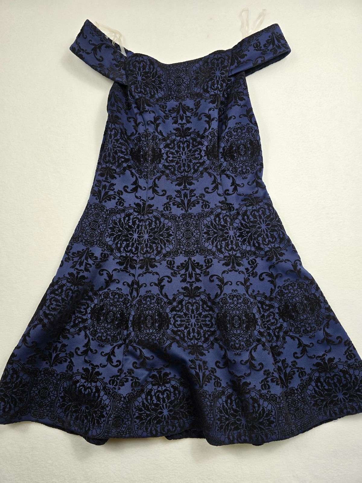 Size 3/4 Small Off-Shoulder Blue-Black Velvet Burnout Patterned Dress Teeze Me