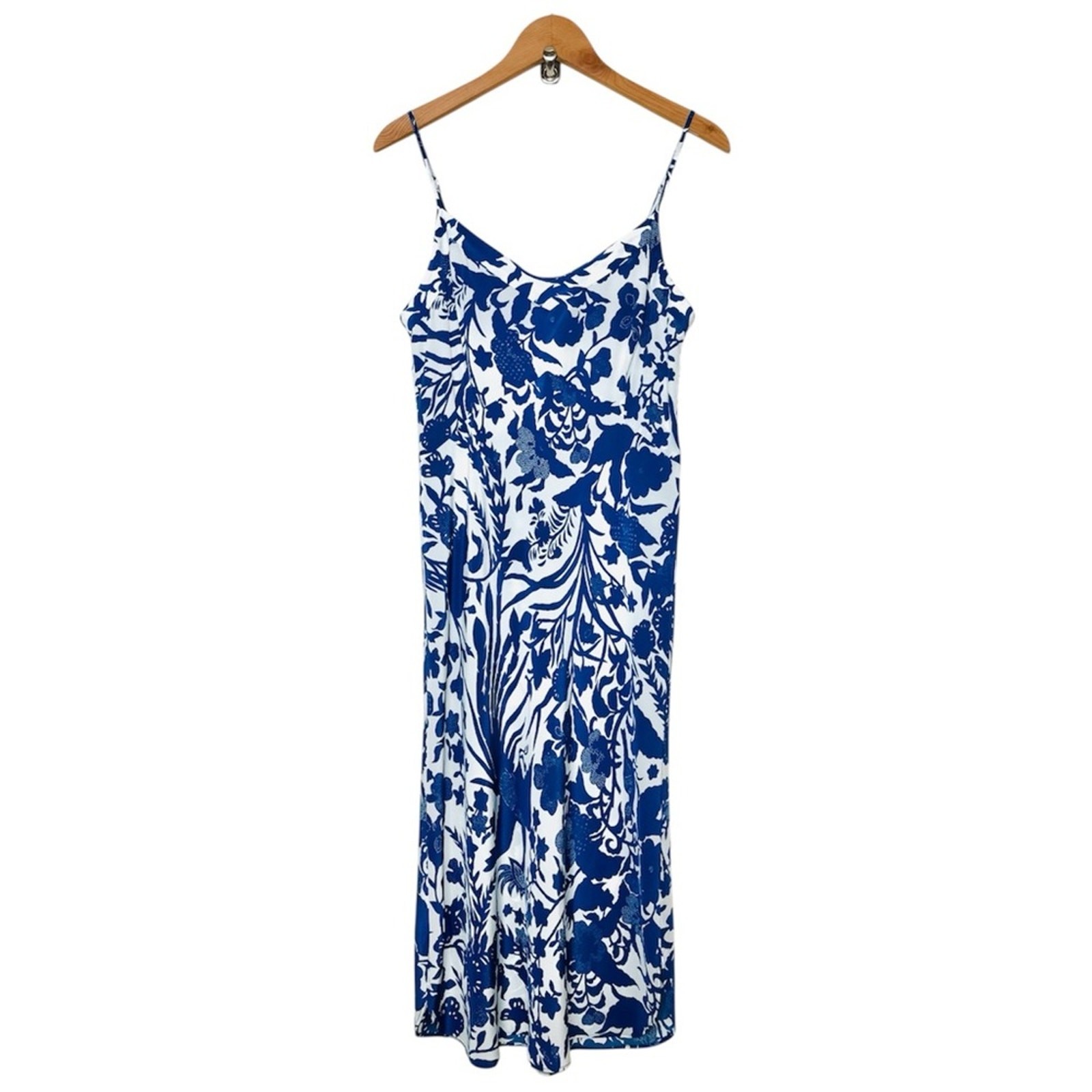 Figue Audra Silk Slip Dress Size Small Midi White Blue Floral Bird Print