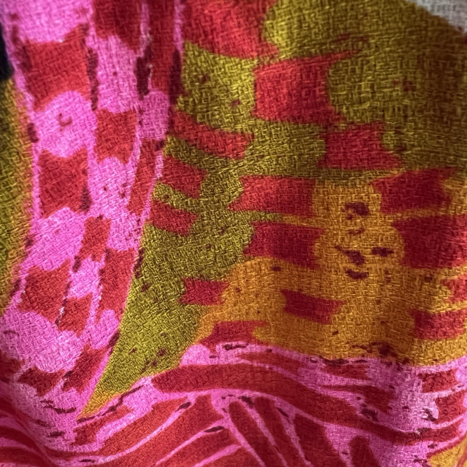Vintage 70s Barkcloth Tiki Aloha Maxi Dress Empire Open Back Darts M Colorful
