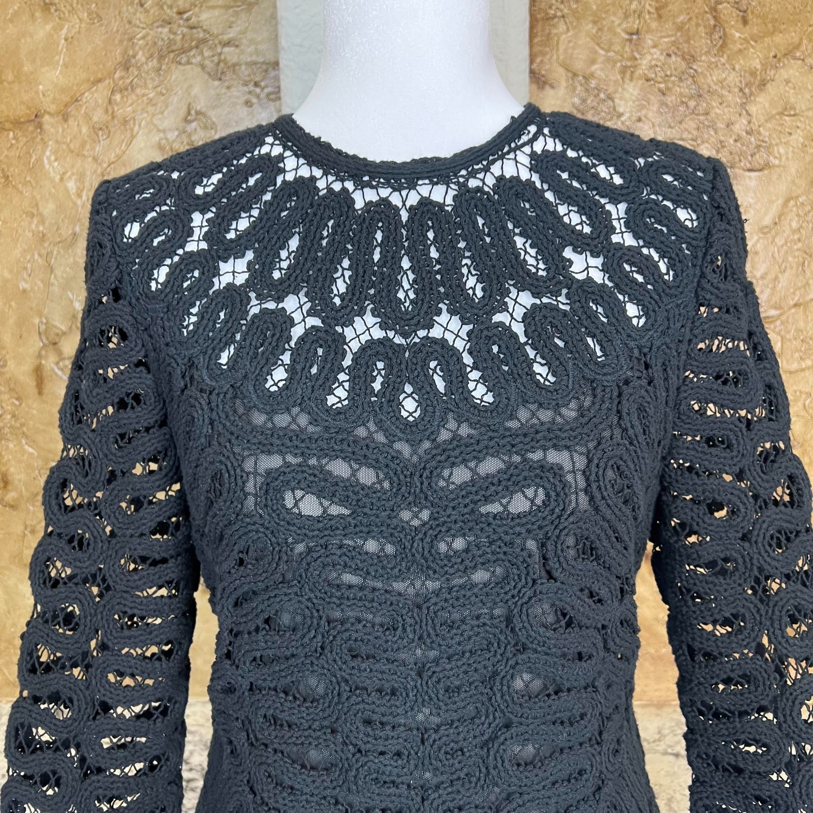 NWT Simkhai McCall Cage Dress Crochet Mini Dress Sz 4 Long Sleeve Black $845