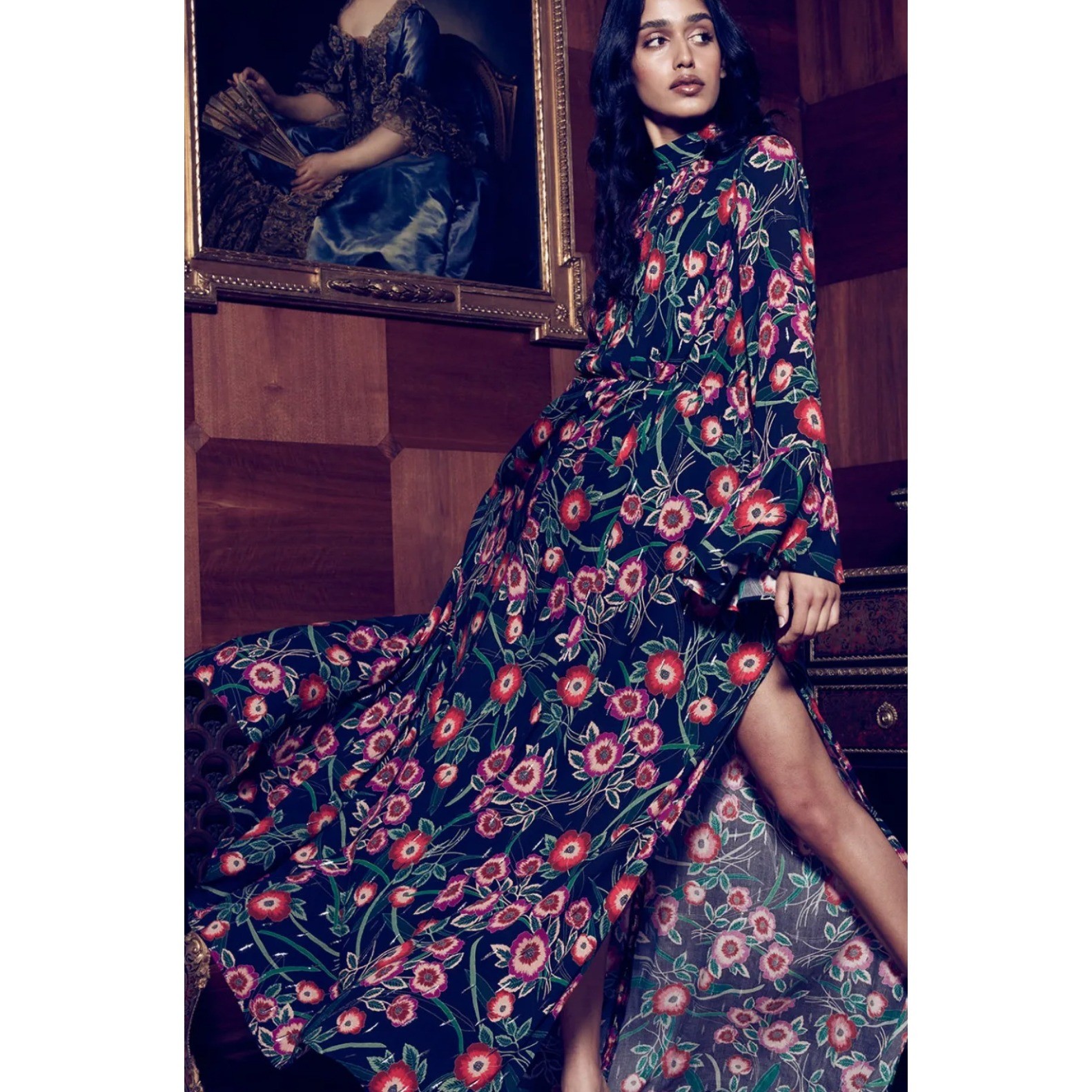 MISA Los Angeles Kora Maxi Dress XS Black Floral Open Back Slit Party Wedding